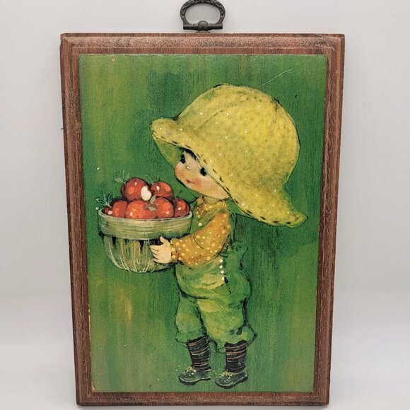 2 Vintage 1971 Hallmark Whimsical Mary Hamilton Green Woodtints Plaques Boy Girl - Picture 2 of 7